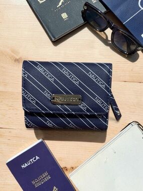 Nautica Navy Logo Print Trifold Wallet Compact RFID Snap